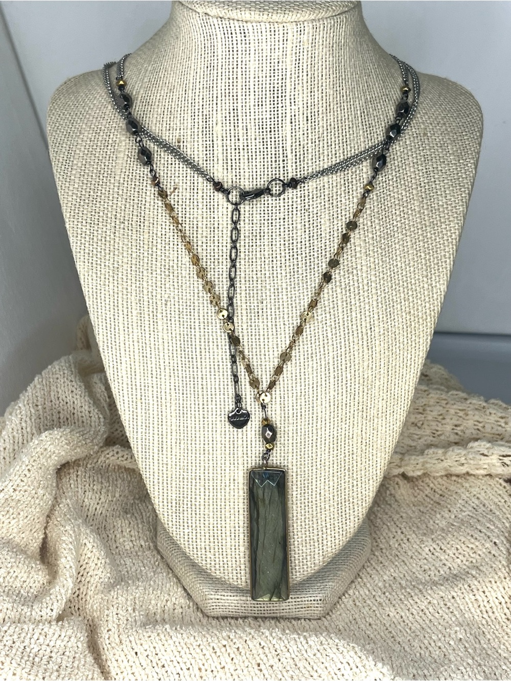 Nakamol 30” Mixed Metal Chain Necklace w/ Labradorite Bar Pendant